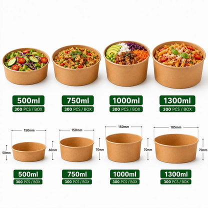 Food Packaging Direct round kraft paper food bowls in four sizes filled with various salads and pasta dishes