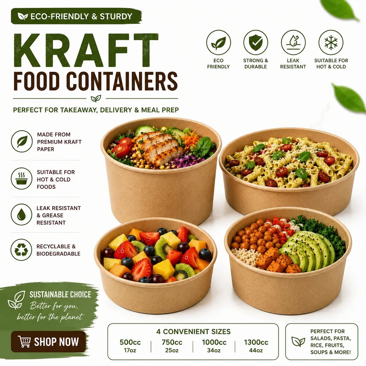 Food Packaging Direct round kraft paper food bowls filled with various meals, showcasing eco-friendly takeaway design.