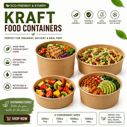 Food Packaging Direct round kraft paper food bowls filled with various meals, showcasing eco-friendly takeaway design.