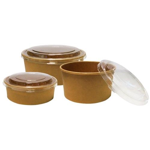 Food Packaging Direct round kraft paper food bowls in various sizes with clear plastic lids for takeaway meals