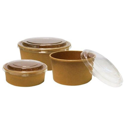 Food Packaging Direct round kraft paper food bowls in various sizes with clear plastic lids for takeaway meals
