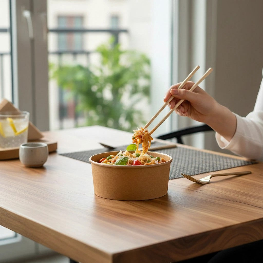 Food Packaging Direct round kraft paper bowl filled with pasta on a wooden table with chopsticks
