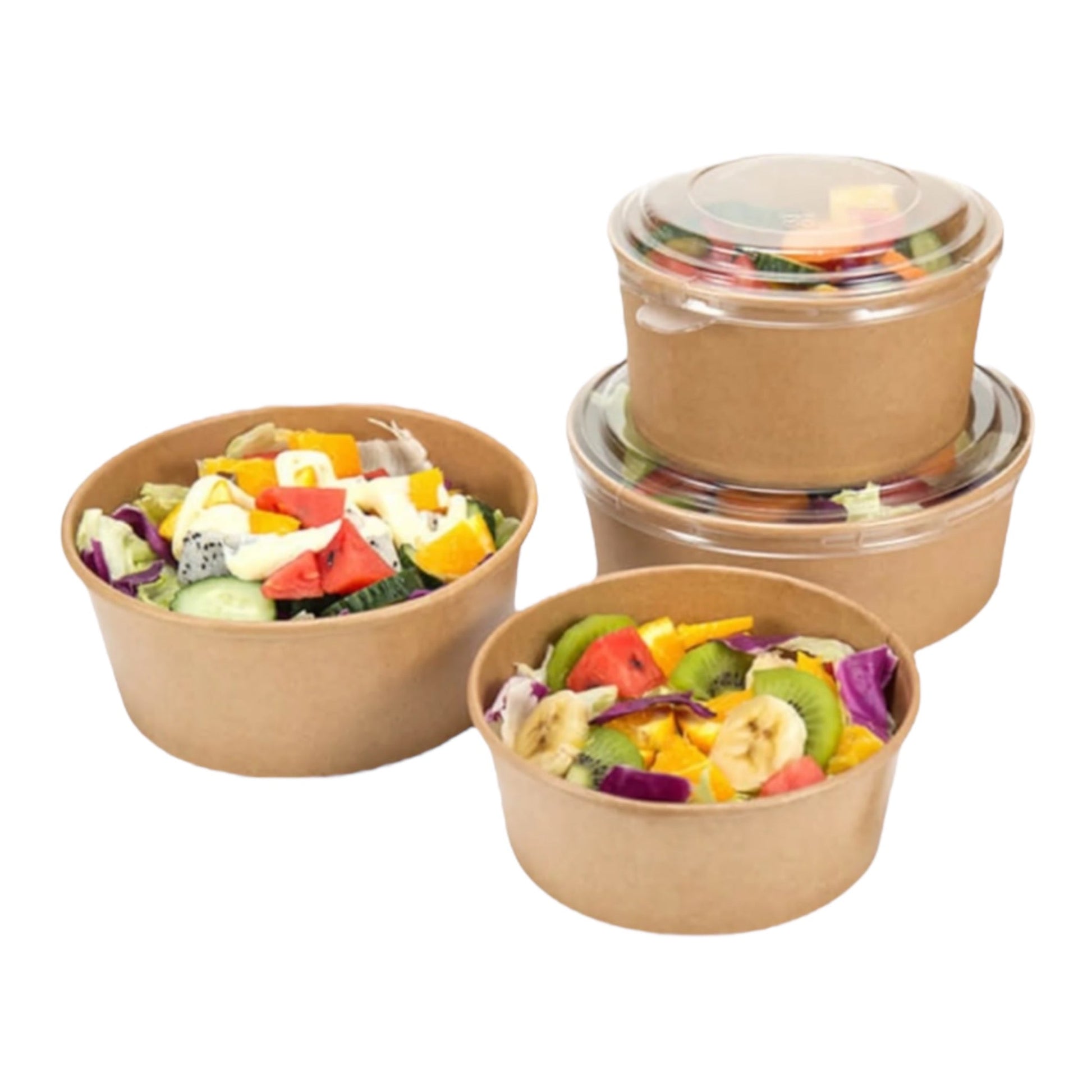 Food Packaging Direct round kraft paper bowls with clear lids filled with fresh fruit salad on a white background