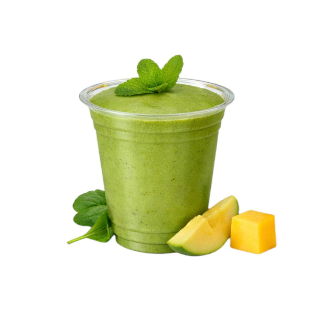 Food Packaging Direct clear rPET smoothie cup filled with green vegetable smoothie, garnished with fresh mint.