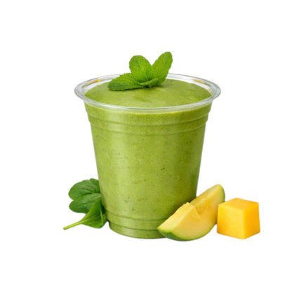 Food Packaging Direct clear rPET smoothie cup filled with green vegetable smoothie, garnished with fresh mint.