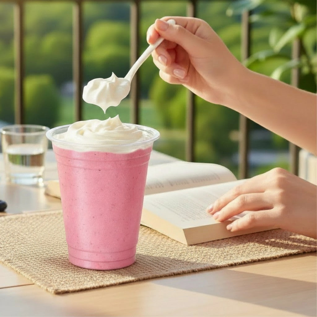 Food Packaging Direct clear rPET smoothie cup filled with a pink drink and whipped cream on a sunny outdoor table.