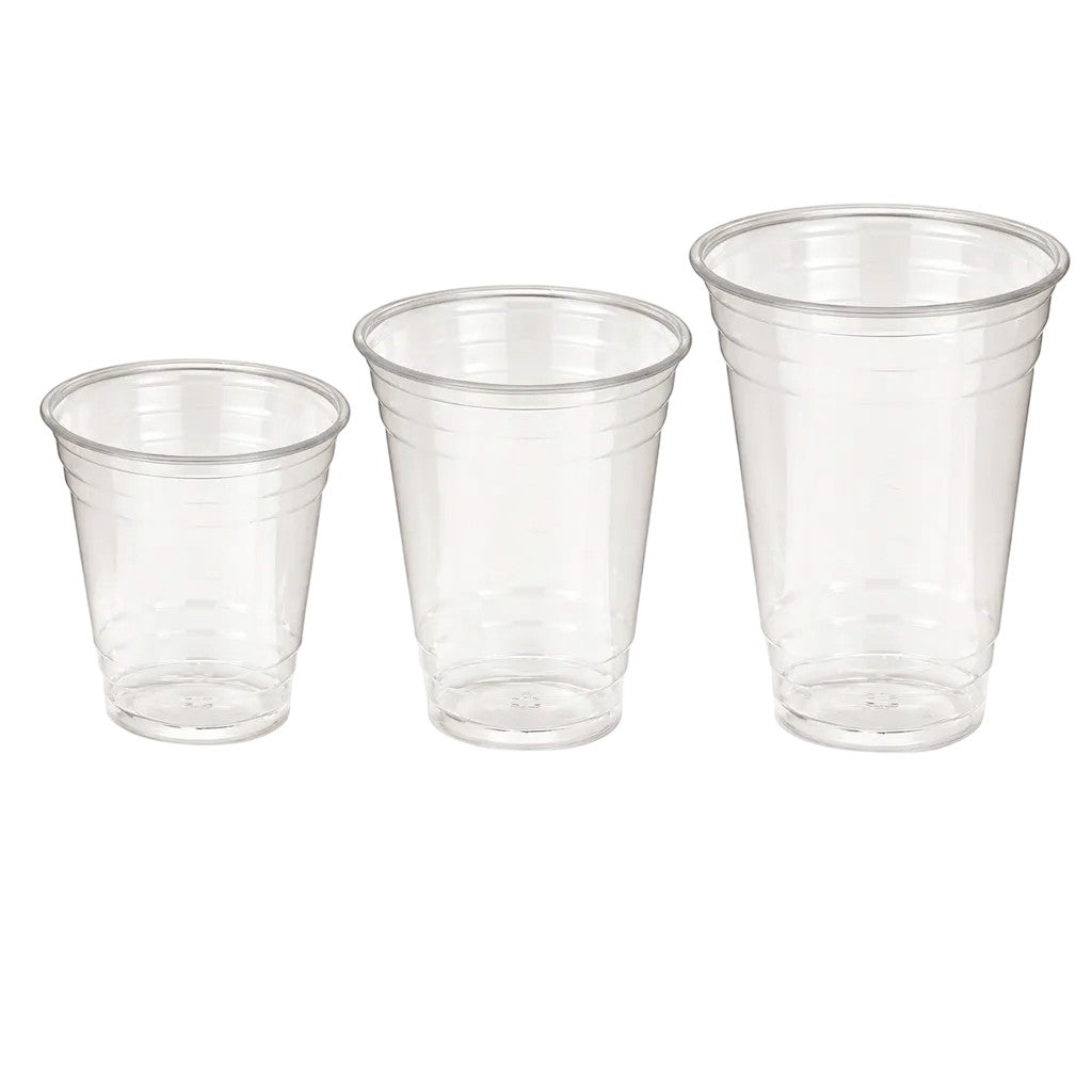 Food Packaging Direct Go-Pak rPET clear smoothie cups in three different sizes made from 100% recycled plastic.