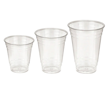 Food Packaging Direct Go-Pak rPET clear smoothie cups in three different sizes made from 100% recycled plastic.