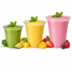 Food Packaging Direct Go-Pak rPET clear smoothie cups in three sizes filled with green, yellow, and pink fruit drinks.