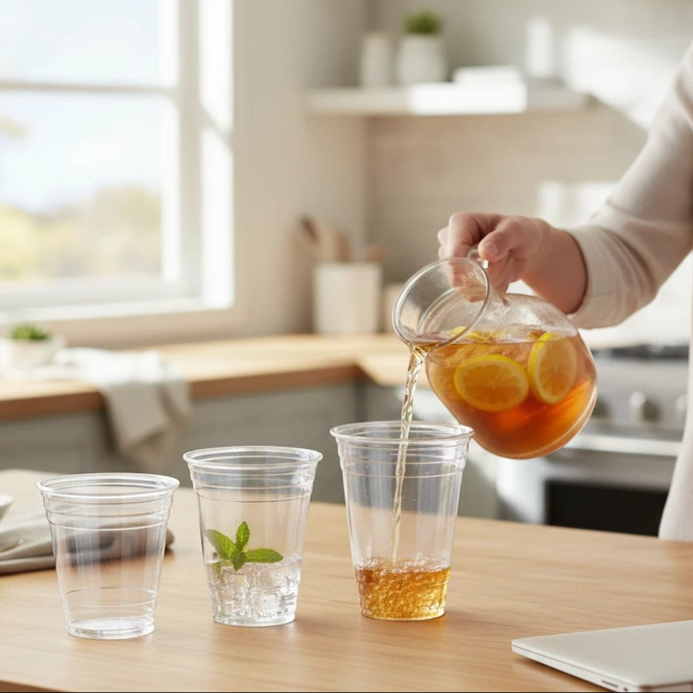 Food Packaging Direct clear rPET smoothie cups on a wooden kitchen counter with iced tea being poured
