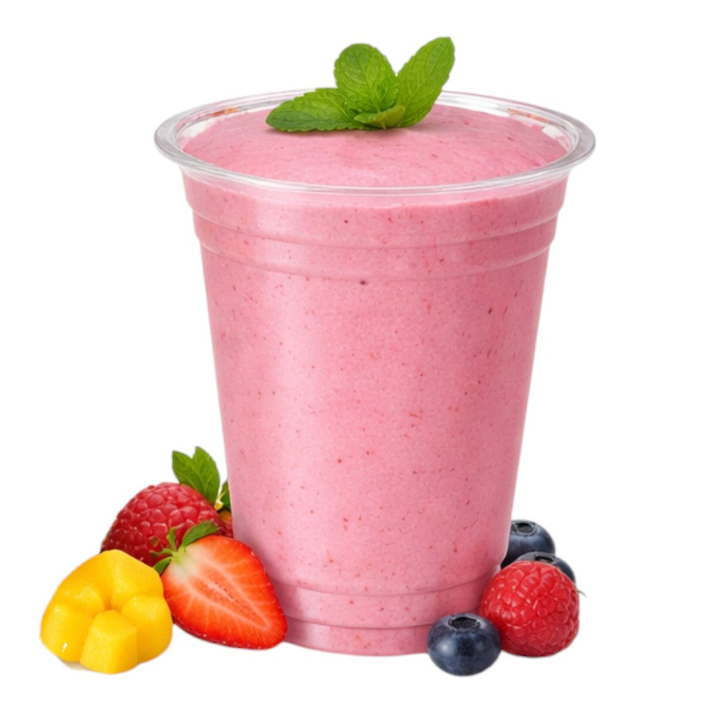 Food Packaging Direct clear rPET smoothie cup filled with pink fruit smoothie garnished with fresh mint leaves
