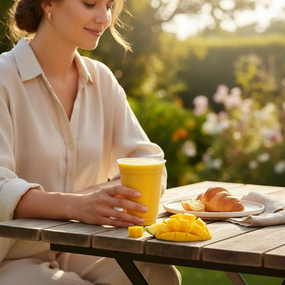 Food Packaging Direct clear rPET smoothie cup held by a woman at an outdoor table with mango and a croissant