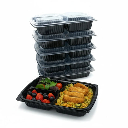 Food Packaging Direct Somoplast 3 compartment black microwaveable food containers stacked with a meal prep example