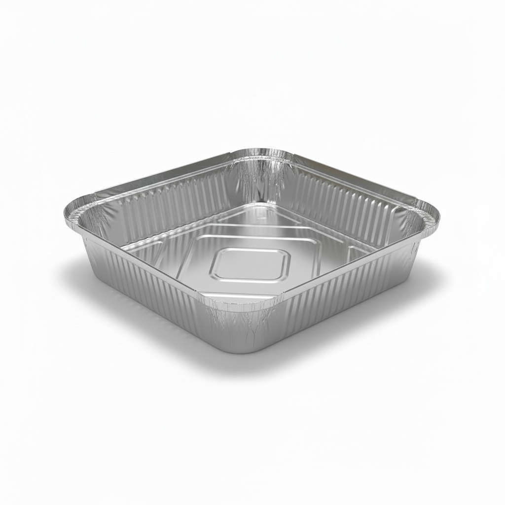 Food Packaging Direct 9x9x1.5 inch square aluminium foil takeaway container base with sturdy ribbed walls