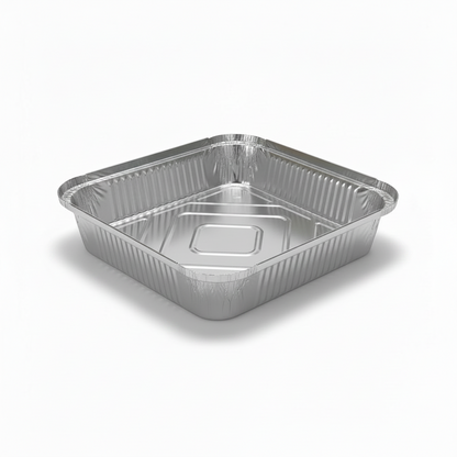 Food Packaging Direct 9x9x1.5 inch square aluminium foil takeaway container base with sturdy ribbed walls