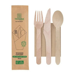 Food Packaging Direct Tessera 4-in-1 wooden cutlery set with fork, knife, spoon, and napkin in eco-friendly packaging.