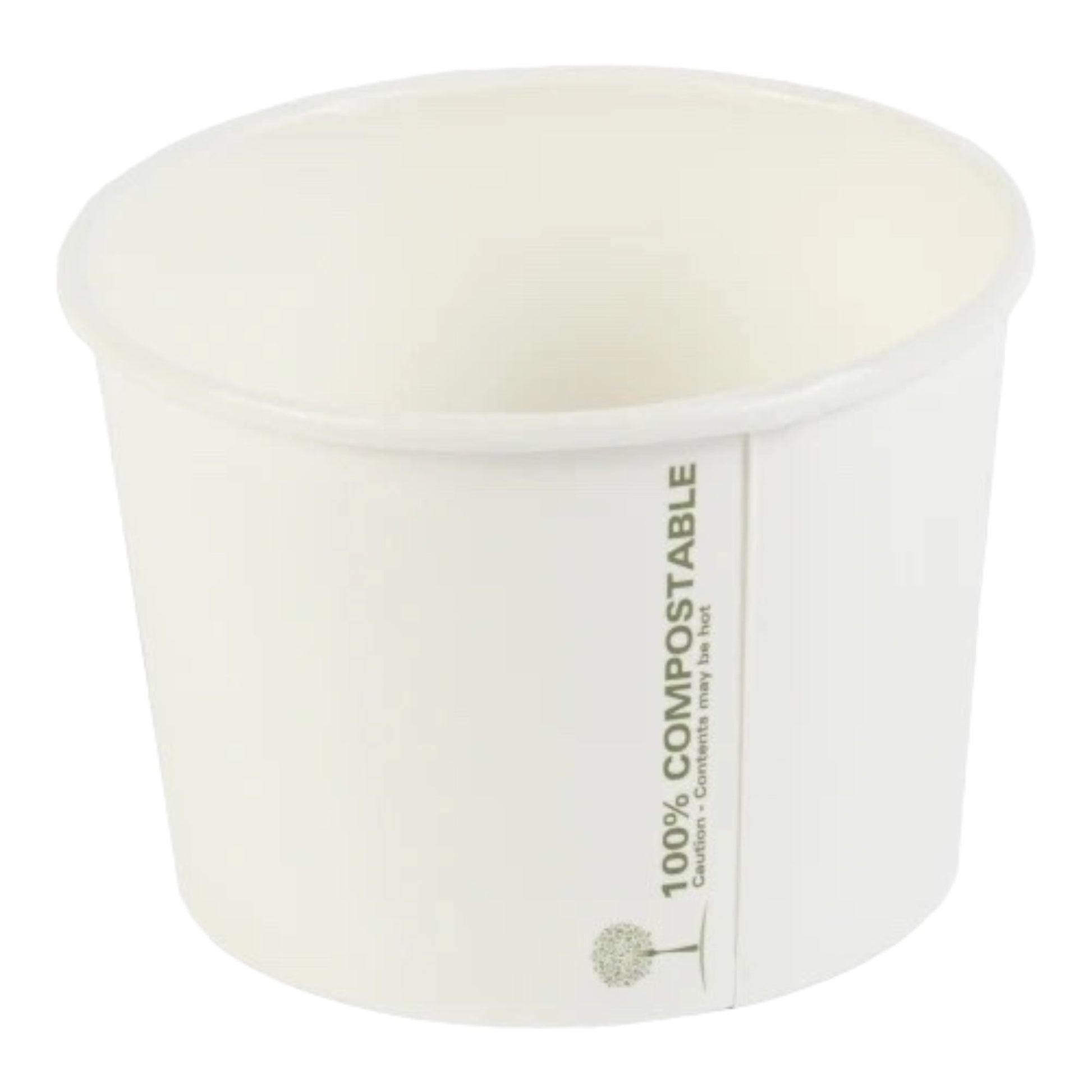 Food Packaging Direct white compostable soup container with 100% compostable text and tree icon