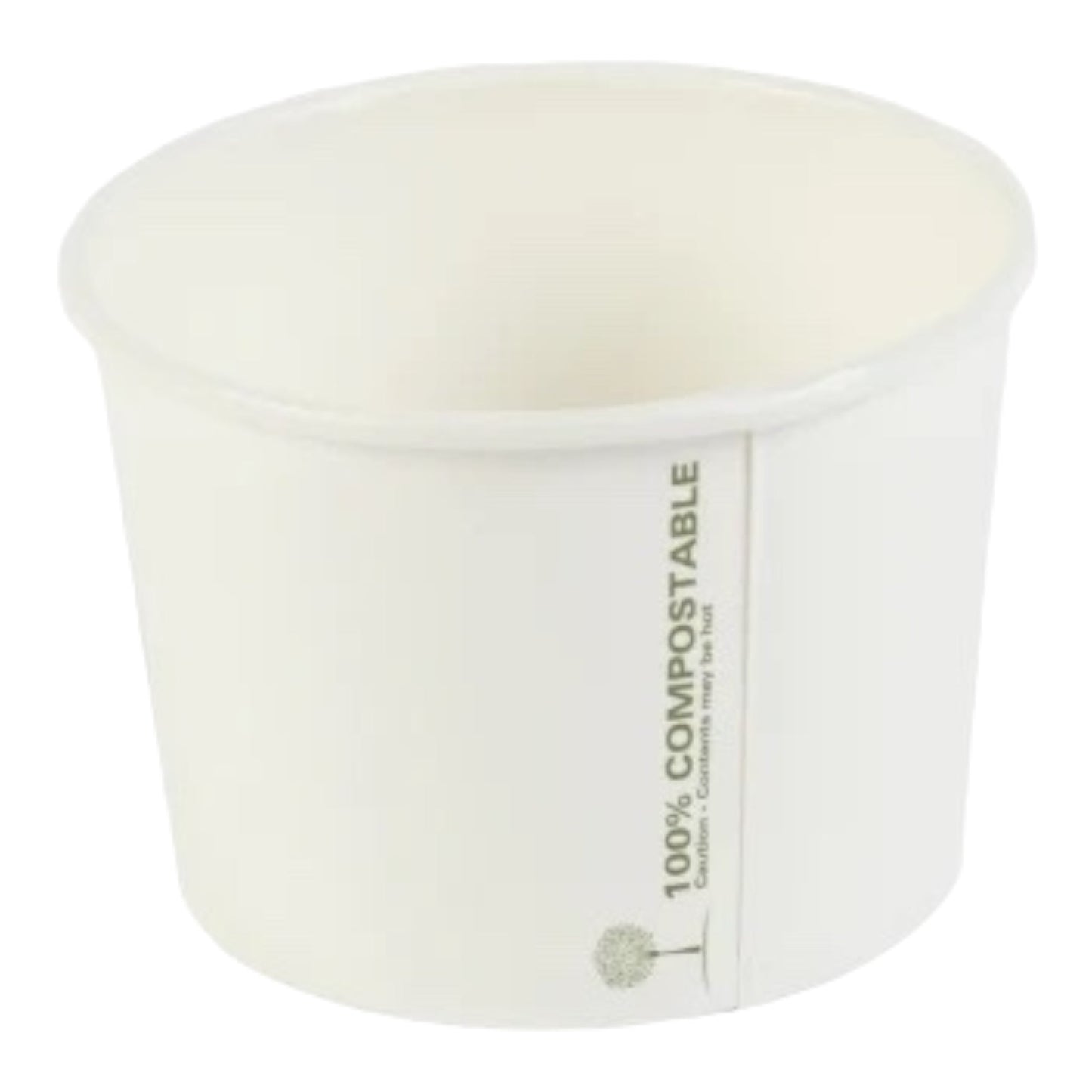 Food Packaging Direct white compostable soup container with 100% compostable text and tree icon