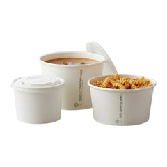 Food Packaging Direct white compostable soup containers in three sizes filled with soup and pasta with lids