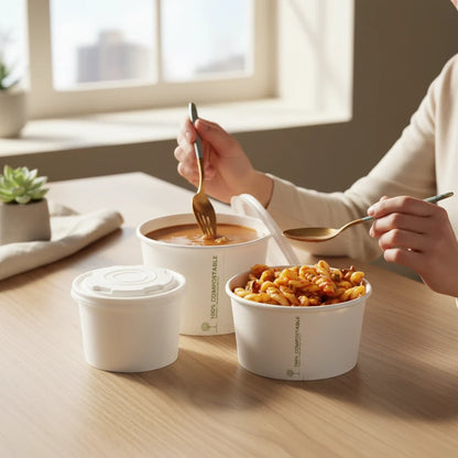 Food Packaging Direct white compostable soup containers holding soup and pasta on a wooden table