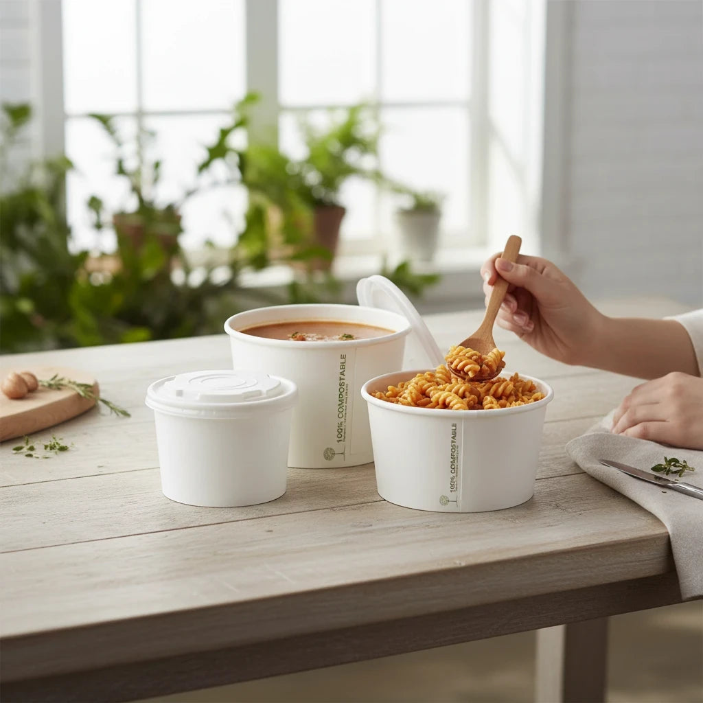 Food Packaging Direct white compostable soup containers with lids on a wooden table, one filled with pasta.