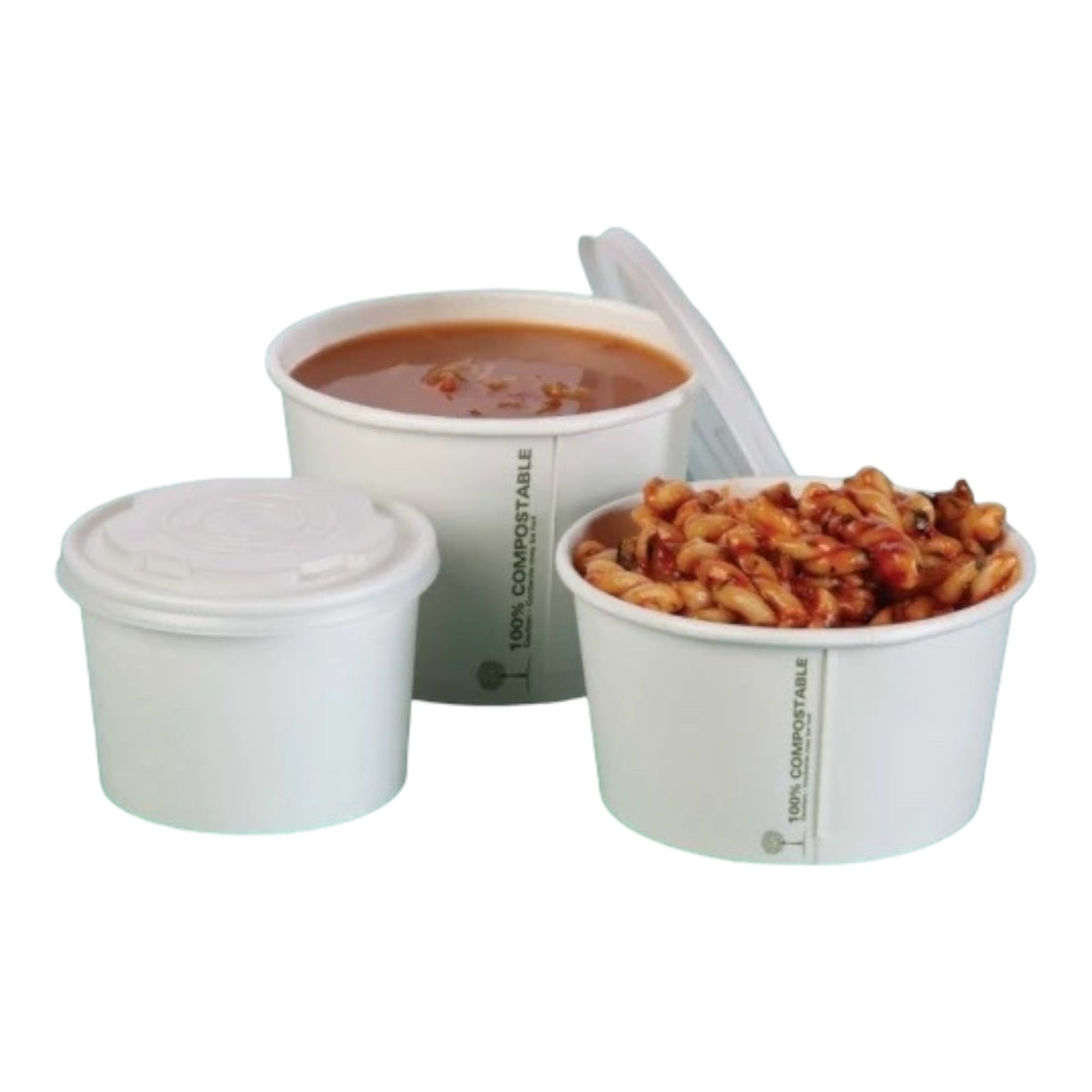 Food Packaging Direct white compostable soup containers in three sizes filled with soup and pasta