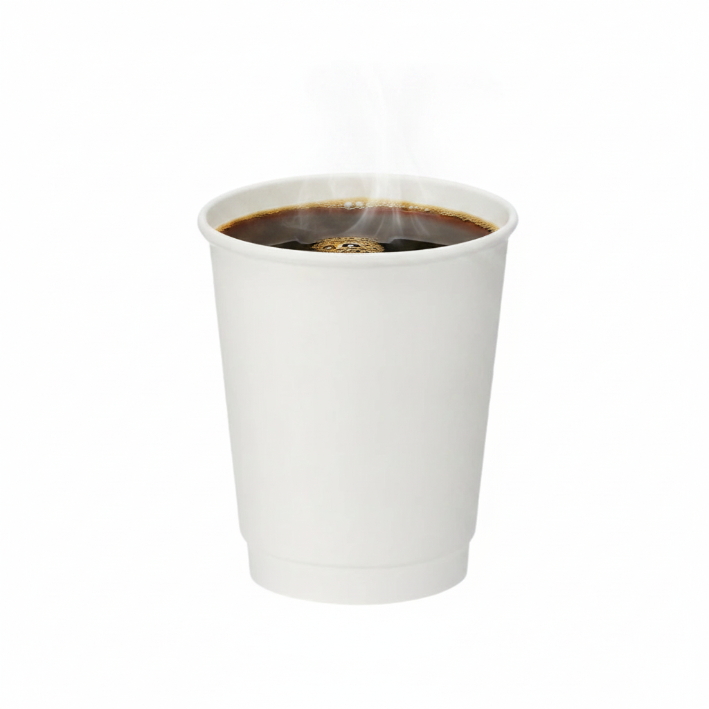 Food Packaging Direct white double wall paper cup filled with steaming hot coffee on a white background