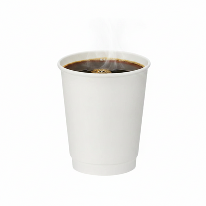 Food Packaging Direct white double wall paper cup filled with steaming hot coffee on a white background