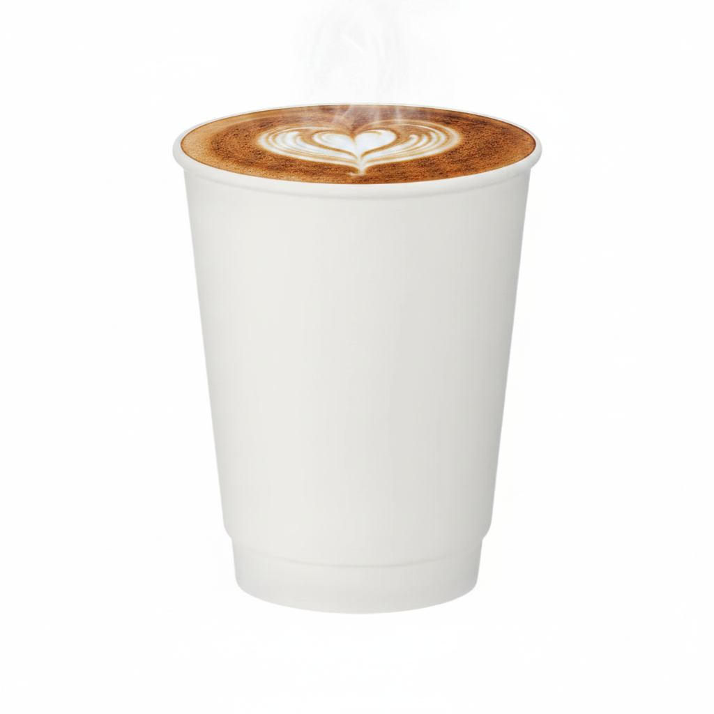 Food Packaging Direct white double wall paper cup filled with hot coffee featuring heart latte art