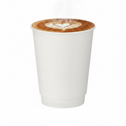 Food Packaging Direct white double wall paper cup filled with hot coffee featuring heart latte art