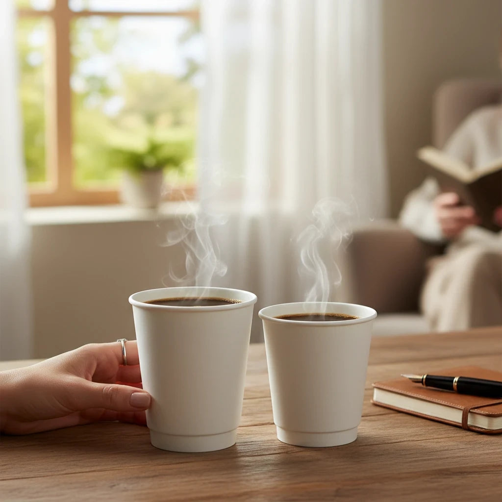Food Packaging Direct white double wall paper cups with steaming hot coffee on a wooden table in a cozy room.