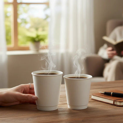 Food Packaging Direct white double wall paper cups with steaming hot coffee on a wooden table in a cozy room.