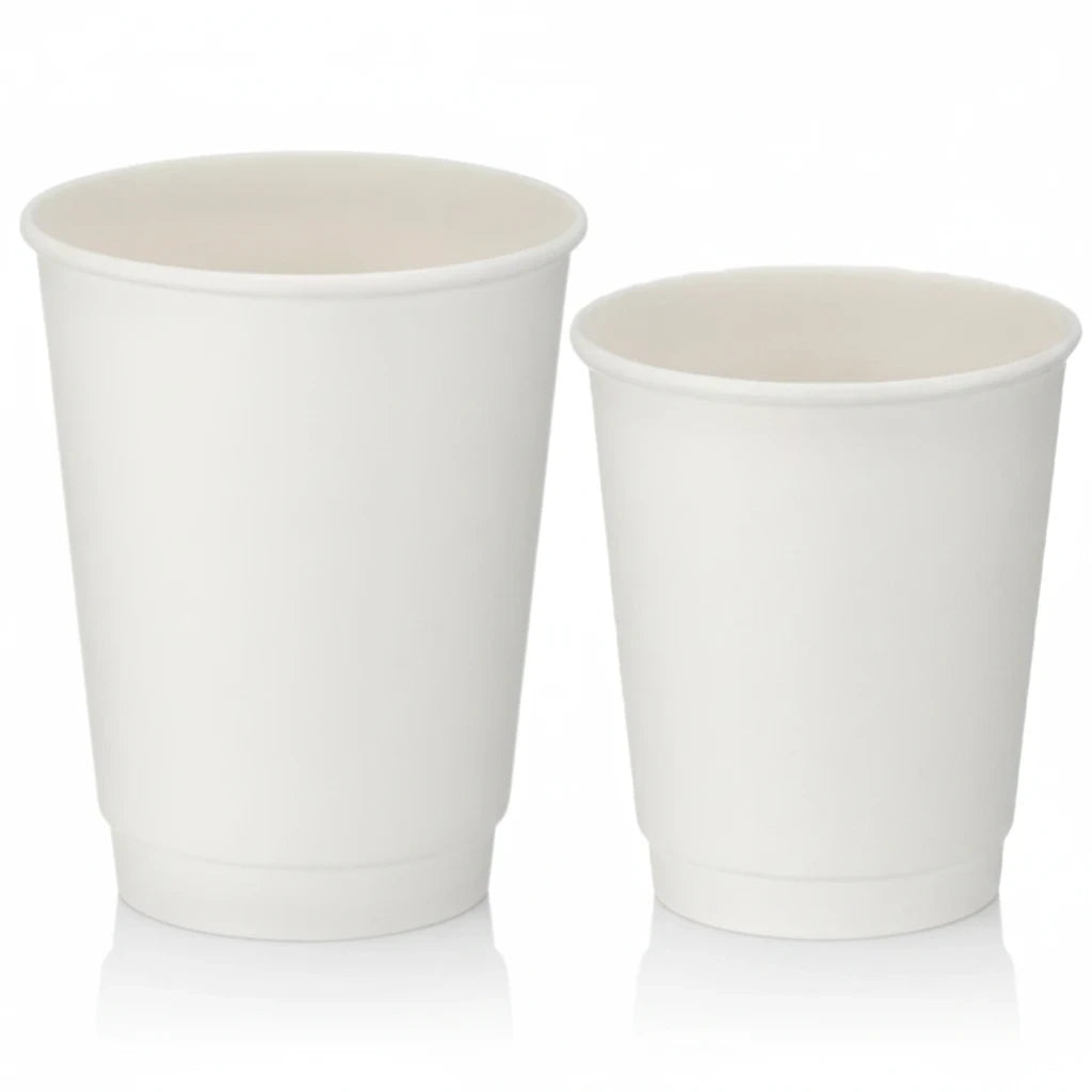 Food Packaging Direct white double wall paper cups in 8oz and 12oz sizes for hot drinks with a smooth matte finish