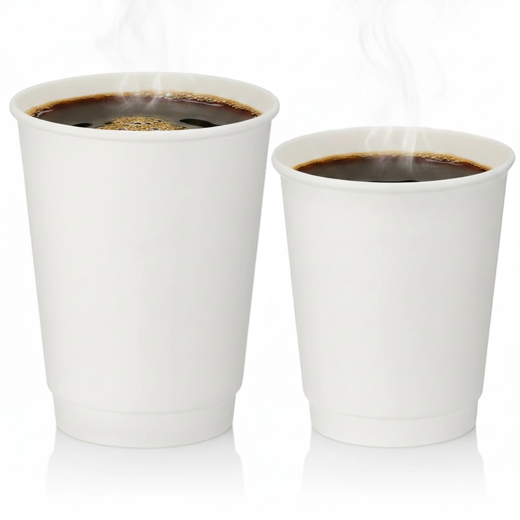 Food Packaging Direct white double wall paper cups in 8oz and 12oz sizes filled with steaming hot coffee