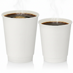 Food Packaging Direct white double wall paper cups in 8oz and 12oz sizes filled with steaming hot coffee