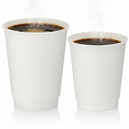 Food Packaging Direct white double wall paper cups in 8oz and 12oz sizes filled with steaming hot coffee
