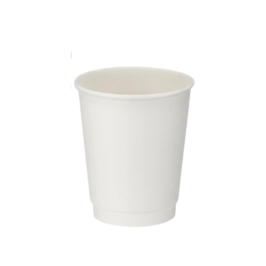 Food Packaging Direct white double wall paper cups in 8oz and 12oz sizes for hot drinks with a smooth matte finish.