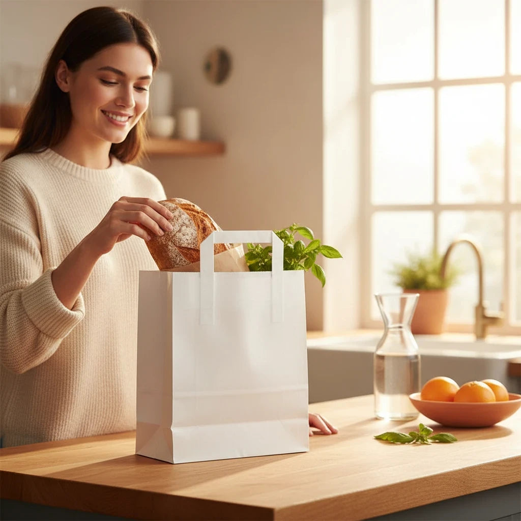 Food Packaging Direct white paper carrier bag with flat base and handles being filled with bread in a bright kitchen
