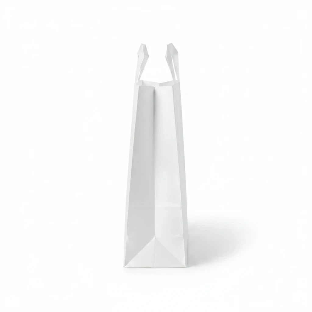 Food Packaging Direct white SOS paper carrier bag with flat base and sturdy handles on a plain white background