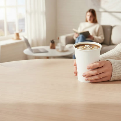 Food Packaging Direct white paper cup held in hands with latte art, set in a bright, cozy home office environment.