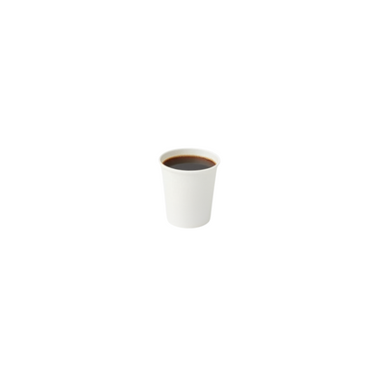 Food Packaging Direct white single wall paper cup filled with hot coffee, featuring a sturdy rolled rim.