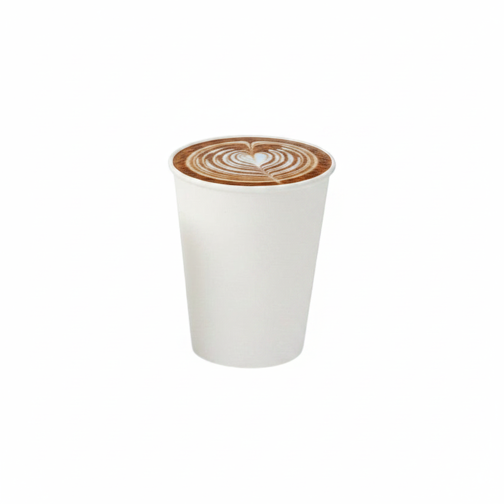 Food Packaging Direct white single wall paper cup filled with hot coffee featuring heart latte art