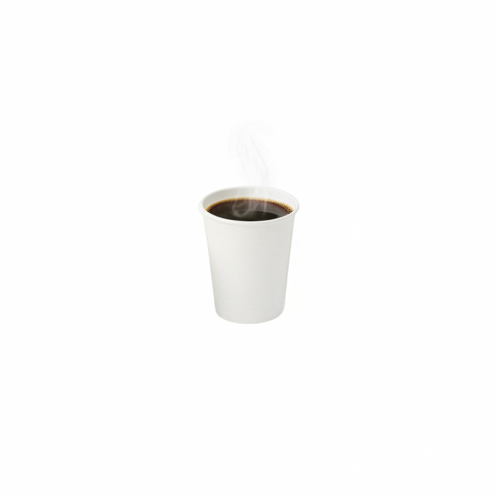 Food Packaging Direct white single wall paper cup filled with steaming hot coffee on a plain white background