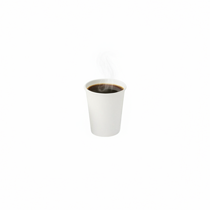 Food Packaging Direct white single wall paper cup filled with steaming hot coffee on a plain white background