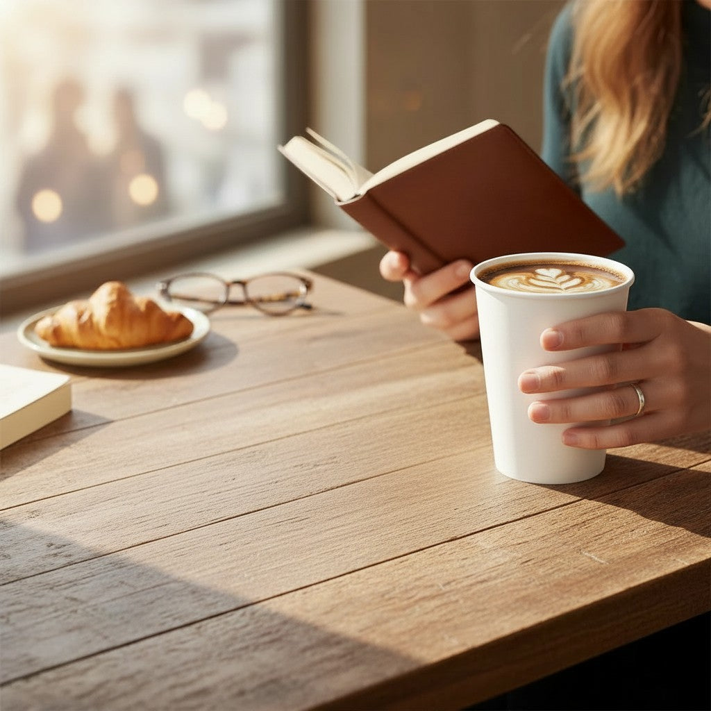 Food Packaging Direct white paper cup with latte art held by a person reading a book at a wooden cafe table