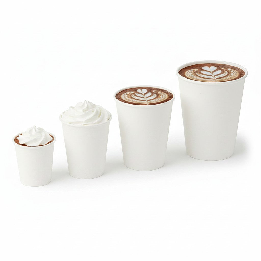 Food Packaging Direct white single wall paper cups in four sizes filled with hot coffee and whipped cream