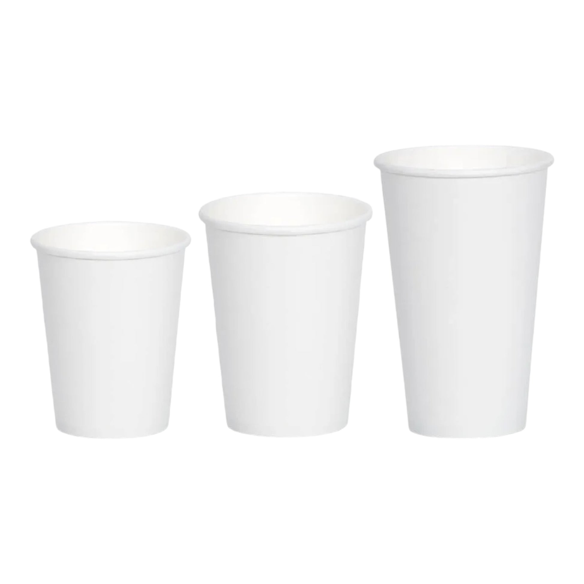 Food Packaging Direct white single wall paper cups in three different sizes for hot drinks with rolled edges