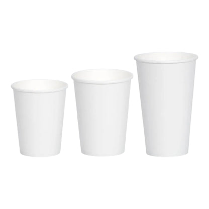 Food Packaging Direct white single wall paper cups in three different sizes for hot drinks with rolled edges