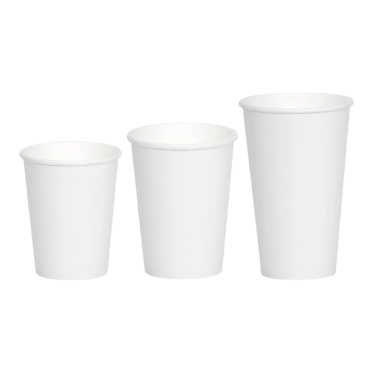 Food Packaging Direct white single wall paper cups in three different sizes for hot drinks with rolled edges
