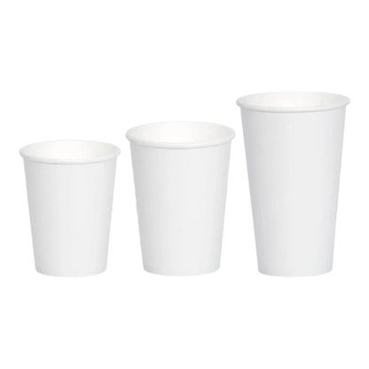 Food Packaging Direct white single wall paper cups in three different sizes for hot drinks with rolled edges